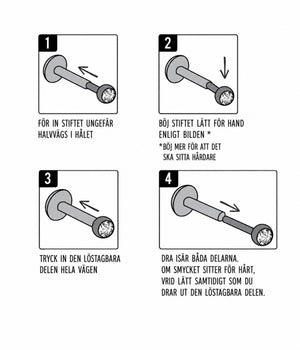 Instruktionsbild i fyra steg som visar hur ett threadless push pin-piercingsmycke sätts ihop, justeras och tas isär.