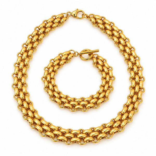 Set med brett halsband och armband – Pansarlänk i 18k PVD guldpläterat kirurgiskt stål
