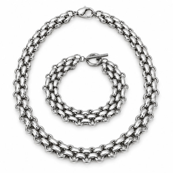Set med brett halsband och armband – Pansarlänk i kirurgiskt stål