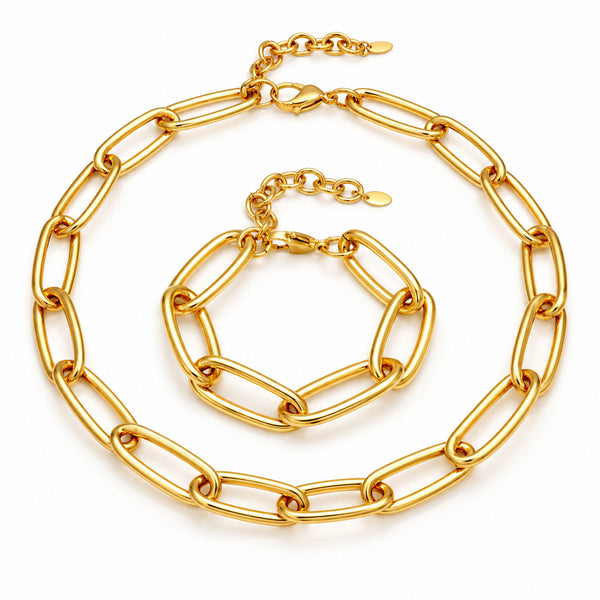 Set med brett halsband och armband – Oval ankarlänk i 18k PVD guldpläterat kirurgiskt stål