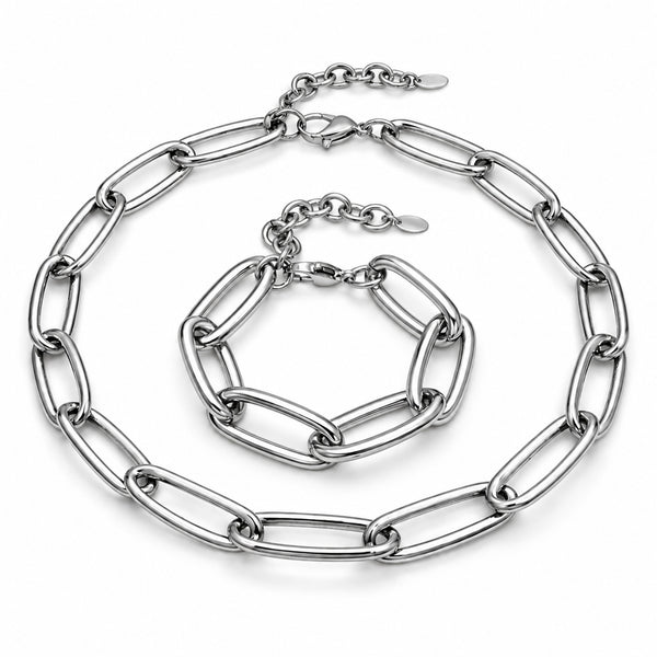 Set med brett halsband och armband – Oval ankarlänk i kirurgiskt stål