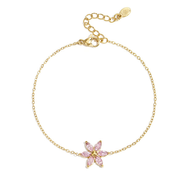 Armband med blomma och rosa kristaller - 18k PVD guld kirurgiskt stål
