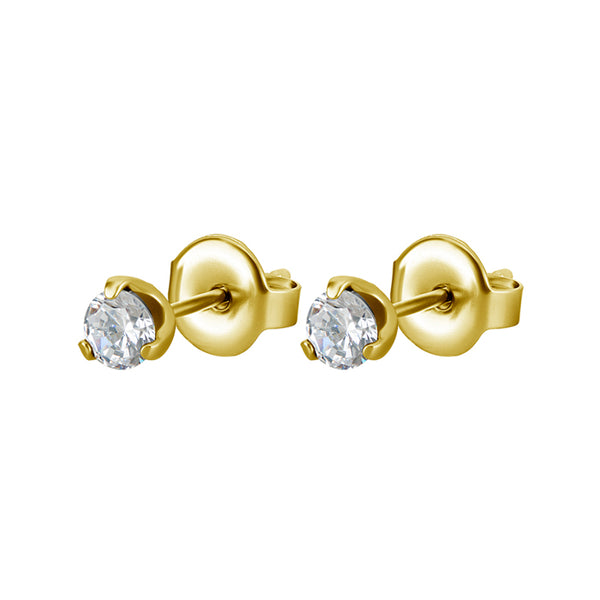 4 mm rund vit kristall - Små Kristallörhängen - Studs i 24k guldpläterat Kirurgiskt stål