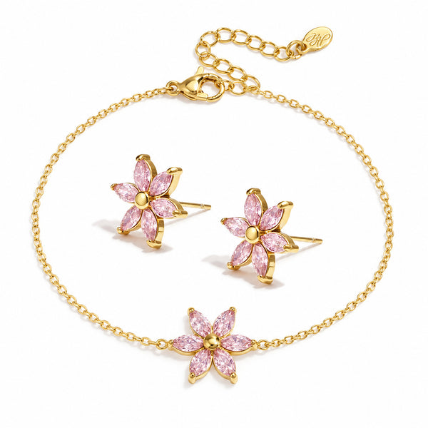 Örhängen och armband med rosa kristaller - 18K PVD guldpläterat kirurgiskt stål