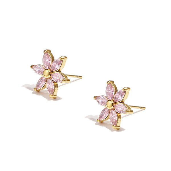Blommor med rosa kristaller - Örhängen i 18K PVD guldpläterat kirurgiskt stål